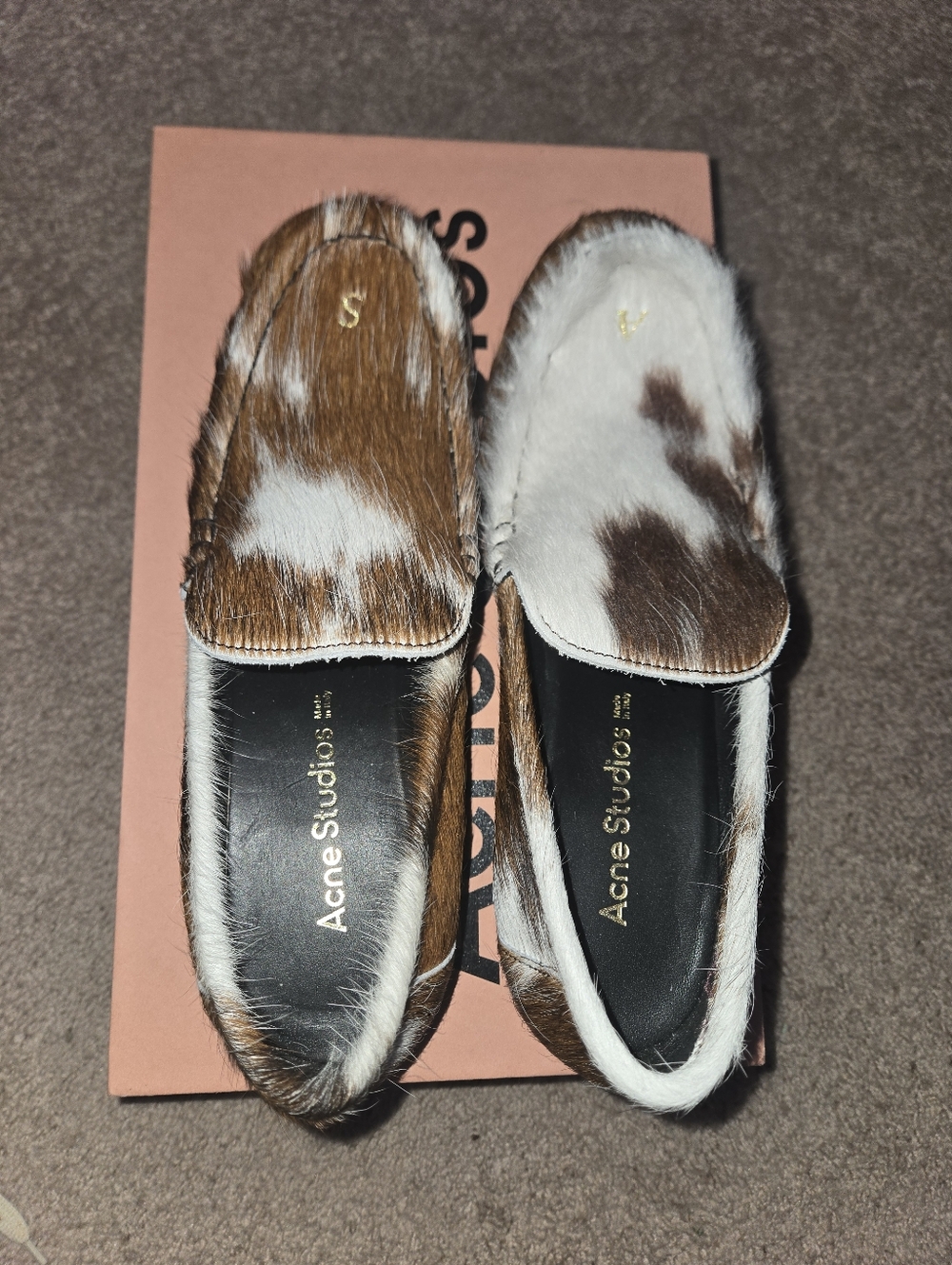 Acne Studios Cowhair Slip-On Moccasins in Brown and White